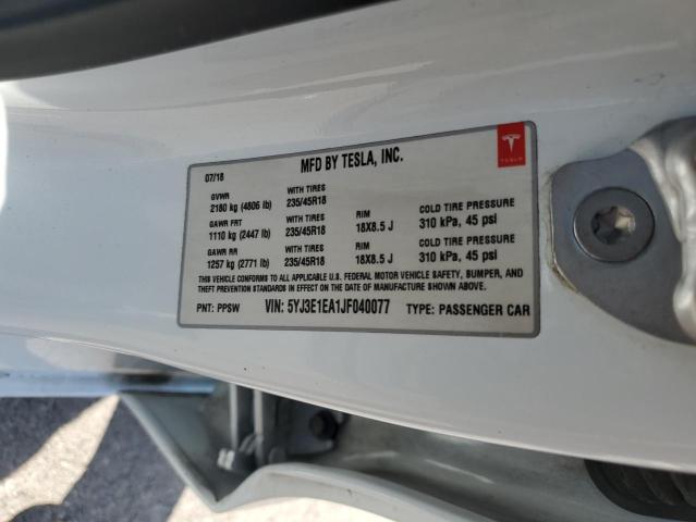 5YJ3E1EA1JF040077 - 2018 TESLA MODEL 3 თეთრი ფოტო 13