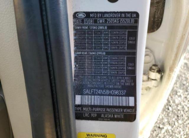 SALFT24N58H098337 - 2008 LAND ROVER LR2 HSE TECHNOLOGY WHITE photo 10