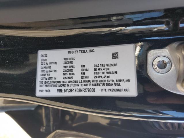 5YJ3E1EC8NF279360 - 2022 TESLA MODEL 3 შავი ფოტო 12