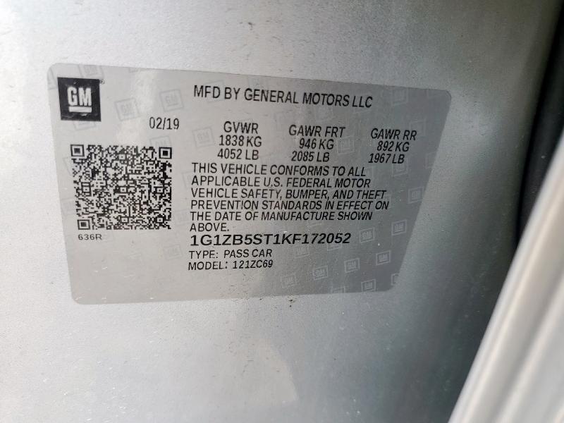 1G1ZB5ST1KF172052 - 2019 CHEVROLET MALIBU LS Srebrny zdjęcie 12