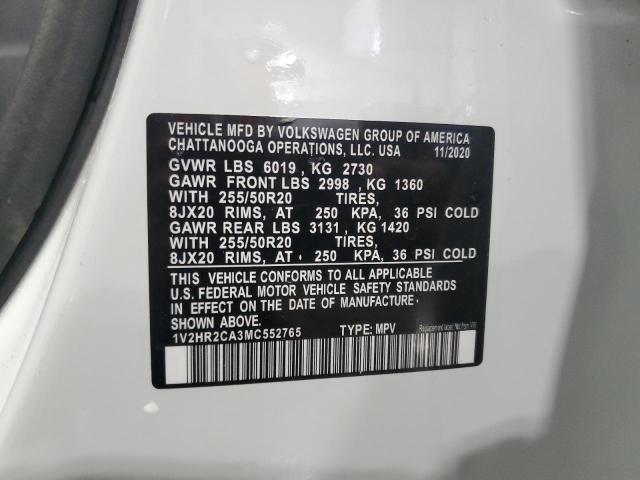 1V2HR2CA3MC552765 - 2021 VOLKSWAGEN ATLAS SE Biały zdjęcie 13