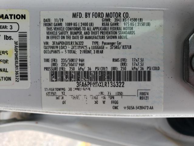 3FA6P0HDXLR136322 - 2020 FORD FUSION SE WHITE photo 12