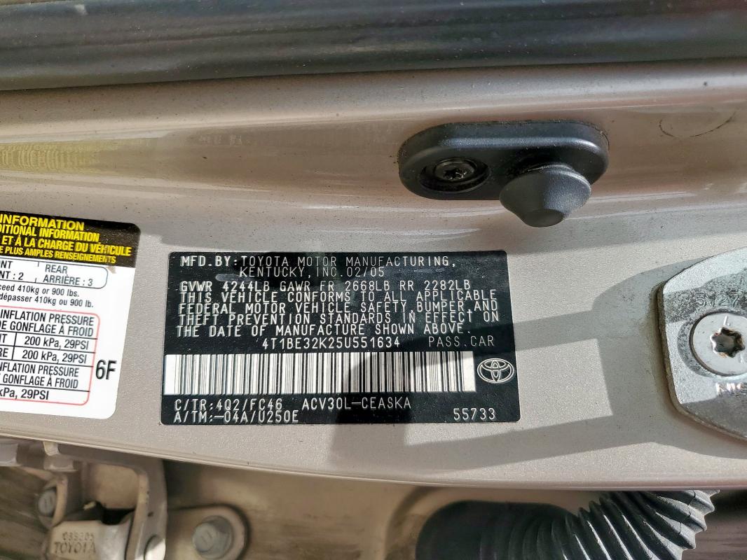 4T1BE32K25U551634 - 2005 TOYOTA CAMRY LE 米色 照片 13