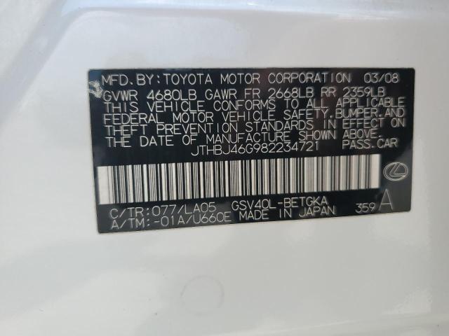 JTHBJ46G982234721 - 2008 LEXUS ES 350 WHITE photo 12