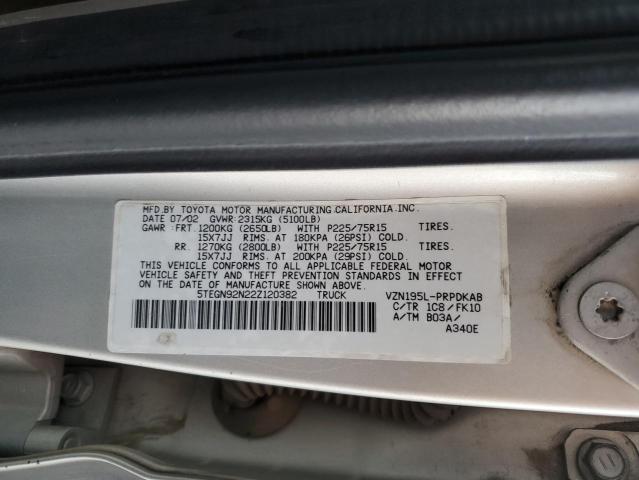 5TEGN92N22Z120382 - 2002 TOYOTA TACOMA DOUBLE CAB PRERUNNER SILVER photo 12