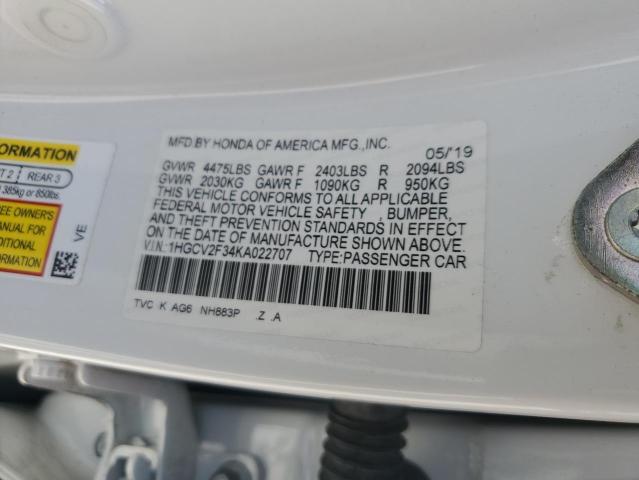 1HGCV2F34KA022707 - 2019 HONDA ACCORD SPORT Blanc photo 12