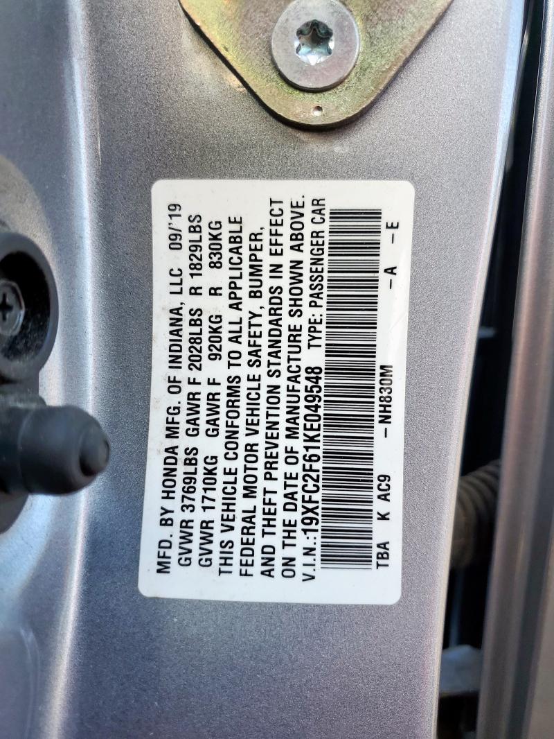 19XFC2F61KE049548 - 2019 HONDA CIVIC LX ვერცხლისფერი ფოტო 13
