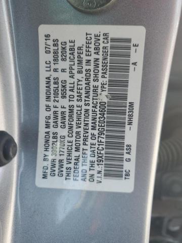 19XFC1F79GE034600 - 2016 HONDA CIVIC EXL ვერცხლისფერი ფოტო 12