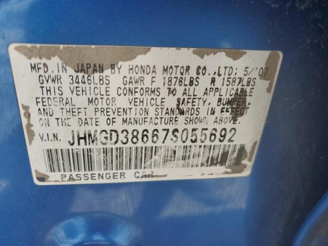 JHMGD38667S055692 - 2007 HONDA FIT S BLUE photo 12