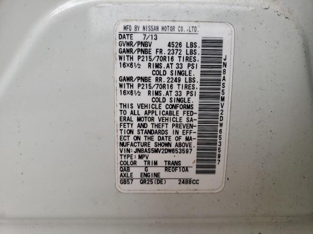 JN8AS5MV2DW653597 - 2013 NISSAN ROGUE S WHITE photo 13