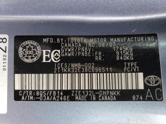 2T1KR32E38C696511 - 2008 TOYOTA COROLLA MA XR BLUE photo 12
