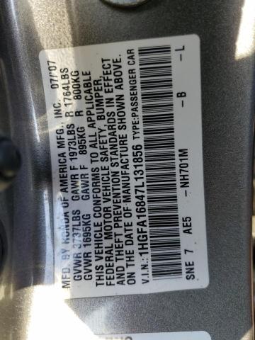 1HGFA16847L131856 - 2007 HONDA CIVIC EX GRAY photo 12