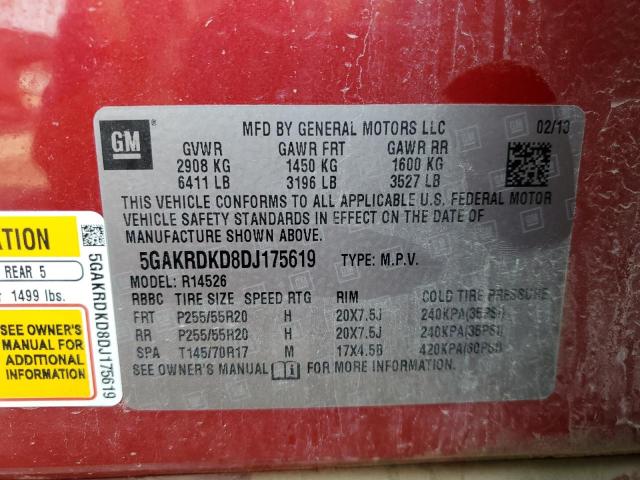 5GAKRDKD8DJ175619 - 2013 BUICK ENCLAVE RED photo 13