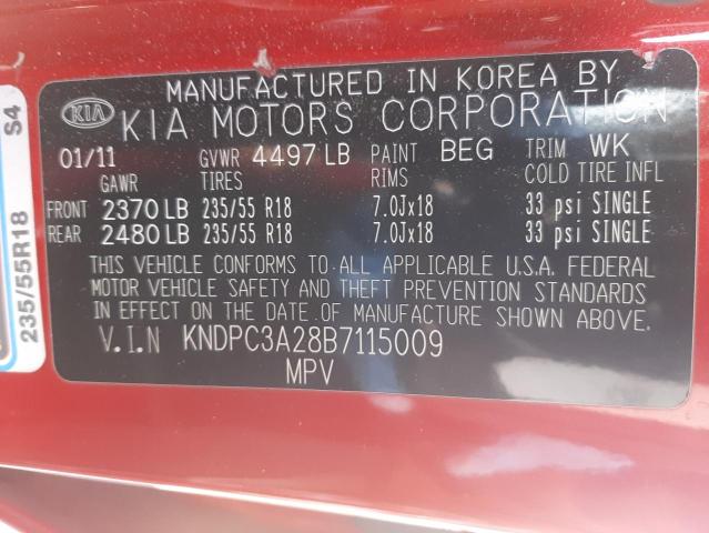 KNDPC3A28B7115009 - 2011 KIA SPORTAGE EX RED photo 10