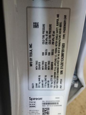 5YJ3E1EA3MF991689 - 2021 TESLA MODEL 3 WHITE photo 12