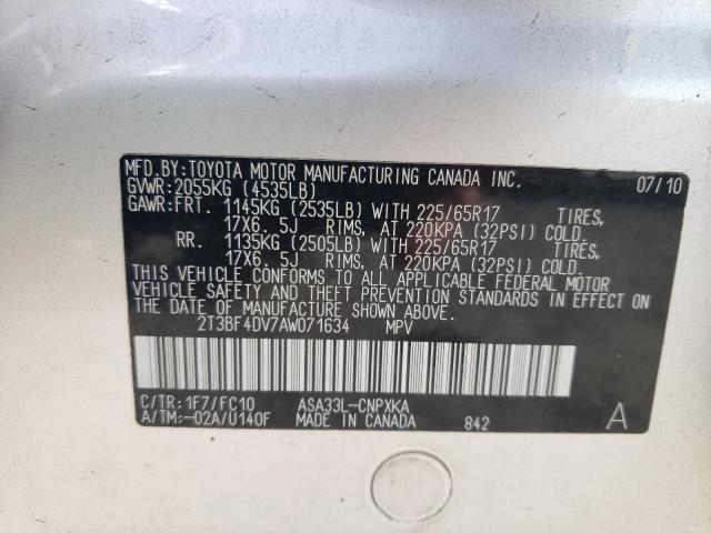 2T3BF4DV7AW071634 - 2010 TOYOTA RAV4 SILVER photo 13