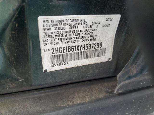 2HGEJ661XYH597298 - 2000 HONDA CIVIC BASE GREEN photo 12