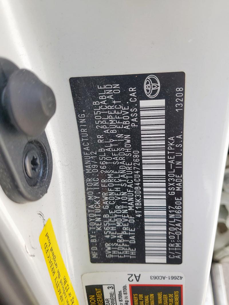 4T1BK3DB4CU472680 - 2012 TOYOTA AVALON BASE WHITE photo 12