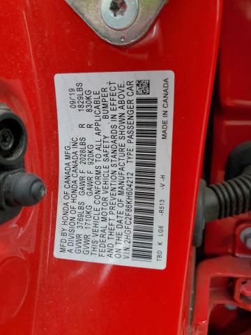 2HGFC2F86KH604212 - 2019 HONDA CIVIC SPORT 红色 照片 12