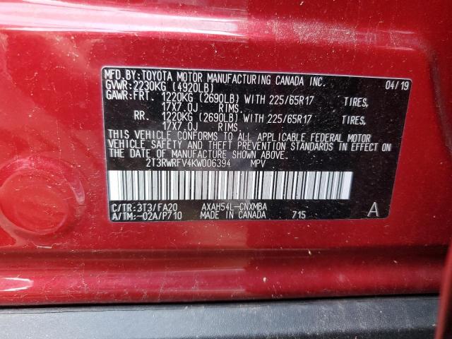 2T3RWRFV4KW006394 - 2019 TOYOTA RAV4 XLE RED photo 13