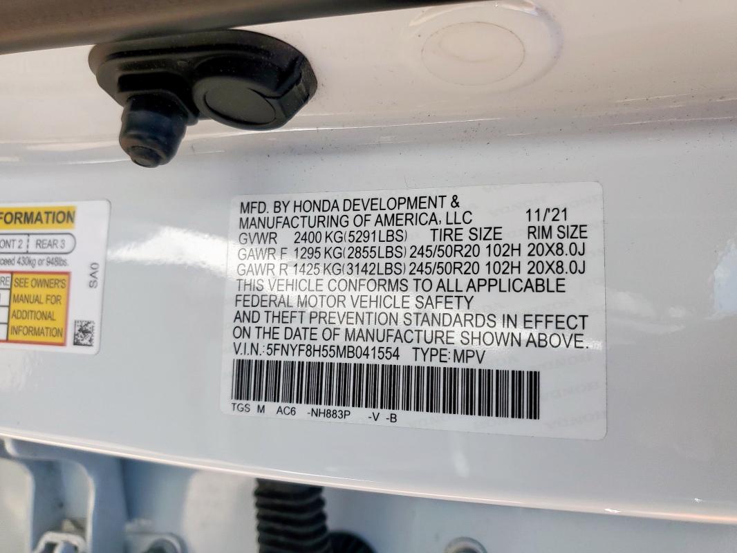 5FNYF8H55MB041554 - 2021 HONDA PASSPORT EXL WHITE photo 13