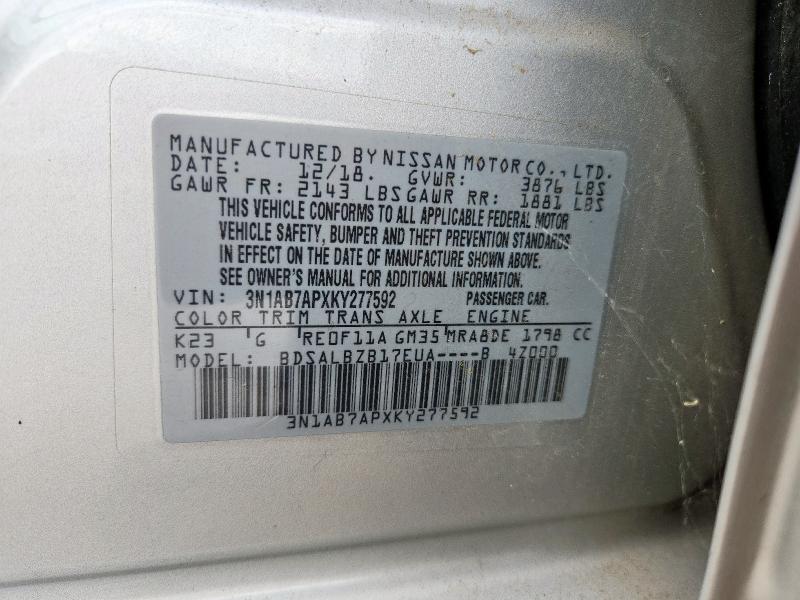 3N1AB7APXKY277592 - 2019 NISSAN SENTRA S ვერცხლისფერი ფოტო 12