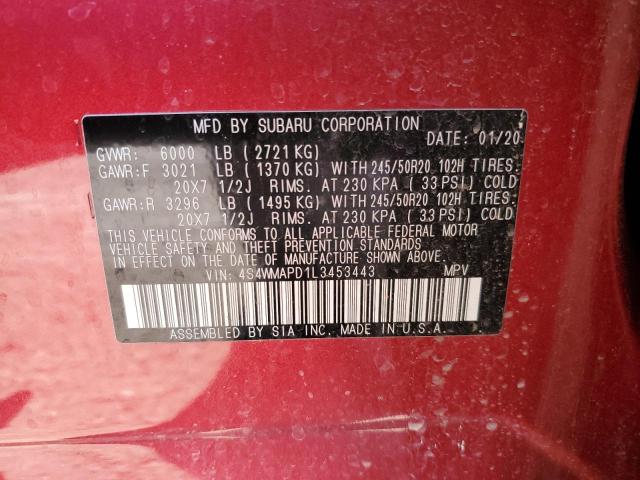 4S4WMAPD1L3453443 - 2020 SUBARU ASCENT LIMITED MAROON photo 12