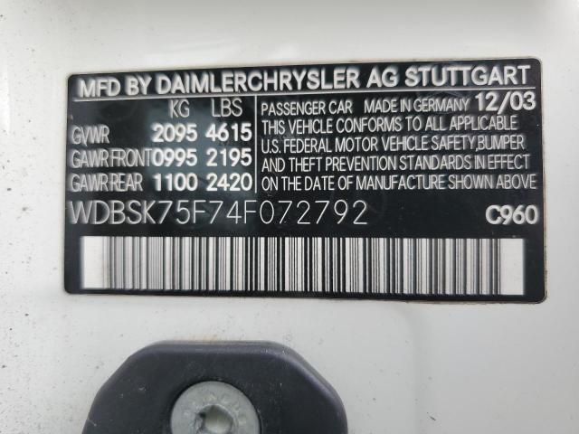 WDBSK75F74F072792 - 2004 MERCEDES-BENZ SL 500 白色 照片 12