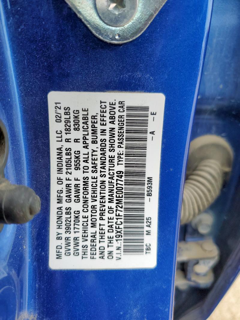 19XFC1F72ME007749 - 2021 HONDA CIVIC EXL Mavi foto 12