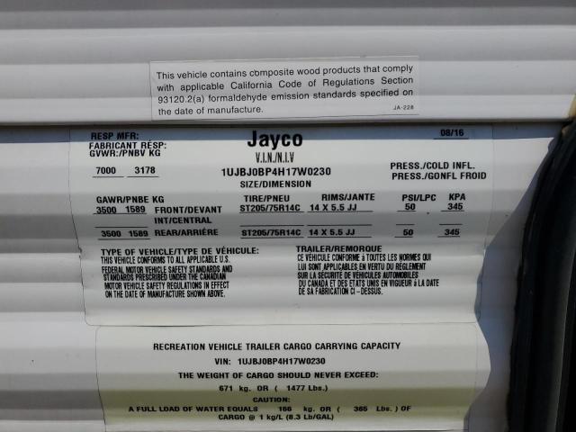 1UJBJ0BP4H17W0230 - 2017 JAYC TRAVEL TRL თეთრი ფოტო 10