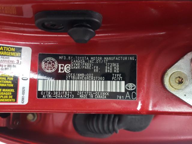 2T1BURHE6HC827360 - 2017 TOYOTA COROLLA L RED photo 10