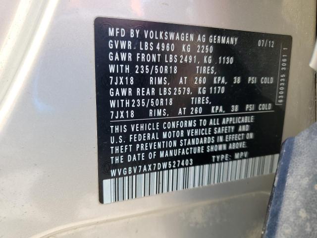 WVGBV7AX7DW527403 - 2013 VOLKSWAGEN TIGUAN S 银色 照片 13