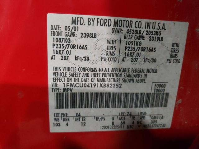 1FMCU04191KB82352 - 2001 FORD ESCAPE XLT RED photo 12