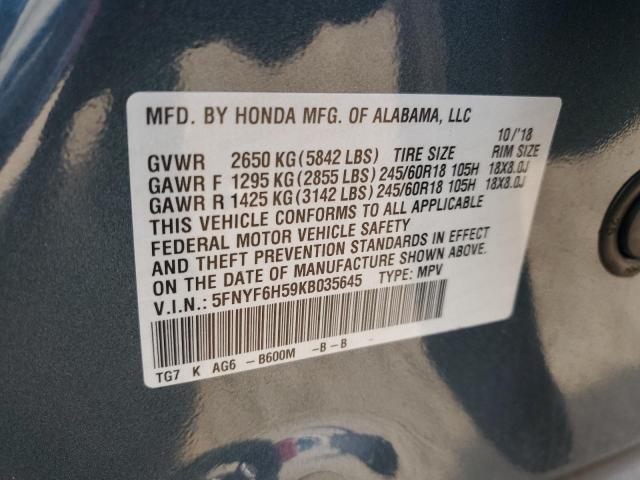 5FNYF6H59KB035645 - 2019 HONDA PILOT EXL BLUE photo 13