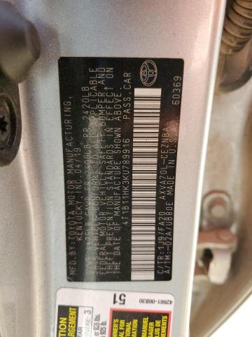 4T1B11HK3KU789916 - 2019 TOYOTA CAMRY L SILVER photo 12