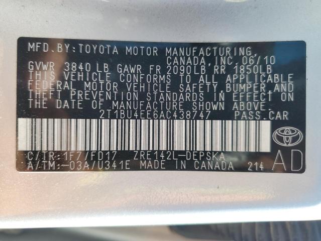2T1BU4EE6AC438747 - 2010 TOYOTA COROLLA BASE 银色 照片 12