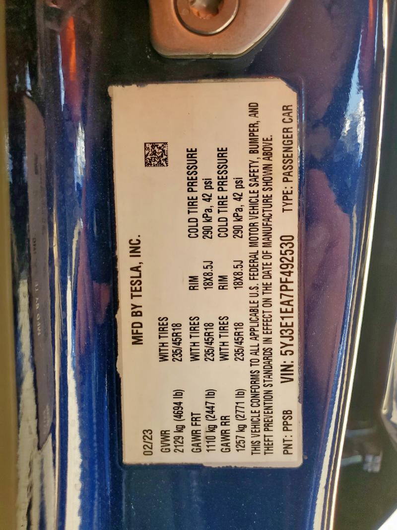 5YJ3E1EA7PF492530 - 2023 TESLA MODEL 3 蓝色 照片 14