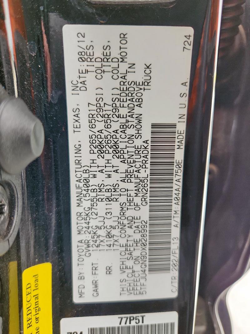 5TFJU4GN9DX028992 - 2013 TOYOTA TACOMA DOUBLE CAB PRERUNNER BLACK photo 12