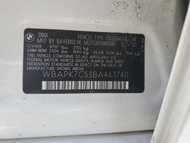 WBAPK7C53BA463740 - 2011 BMW 328 XI WHITE photo 12