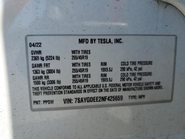 7SAYGDEE2NF425659 - 2022 TESLA MODEL Y Սպիտակ լուսանկար 13