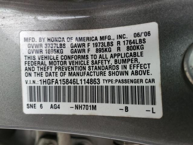 1HGFA15846L114863 - 2006 HONDA CIVIC EX GRAY photo 12