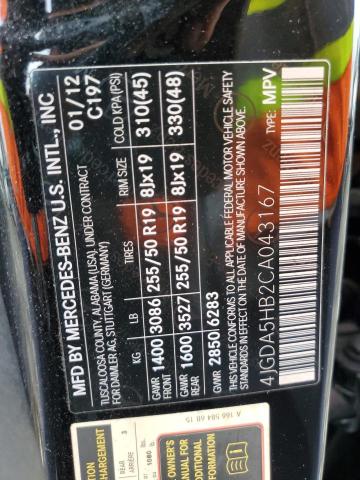 4JGDA5HB2CA043167 - 2012 MERCEDES-BENZ ML 350 4MATIC BLACK photo 13