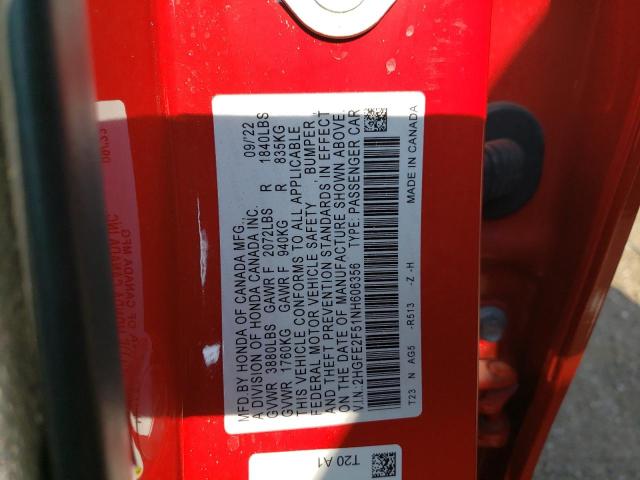 2HGFE2F51NH606356 - 2022 HONDA CIVIC SPORT 红色 照片 12
