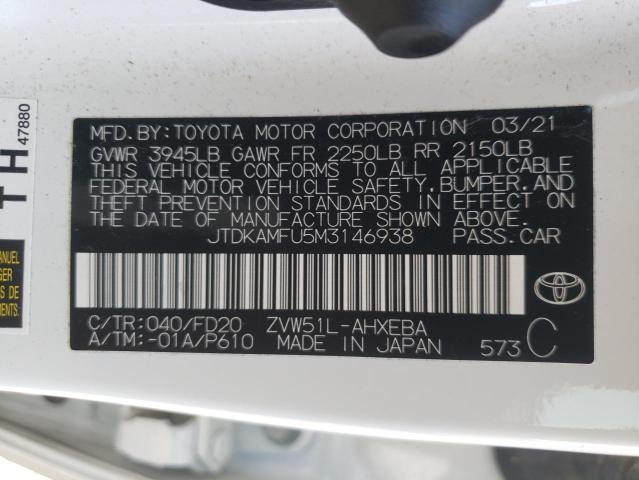 JTDKAMFU5M3146938 - 2021 TOYOTA PRIUS SPECIAL EDITION WHITE photo 13