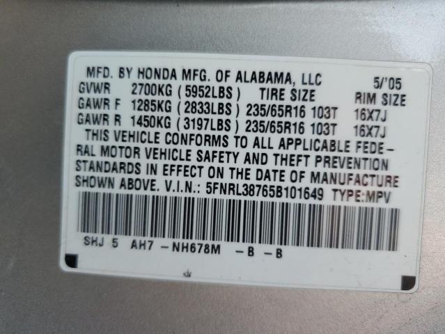 5FNRL38765B101649 - 2005 HONDA ODYSSEY EXL SILVER photo 13