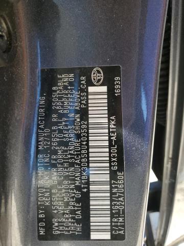 4T1BK3DB5BU403592 - 2011 TOYOTA AVALON BASE 银色 照片 12