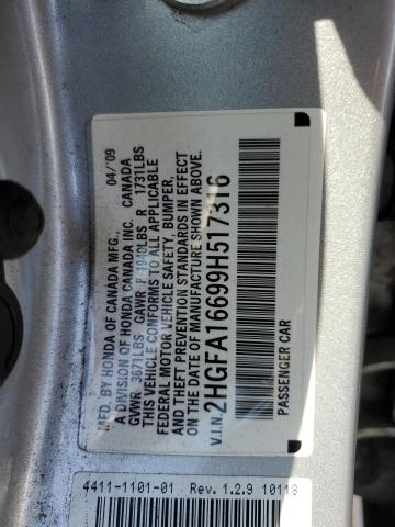 2HGFA16699H517316 - 2009 HONDA CIVIC LX-S Արծաթագույն լուսանկար 12