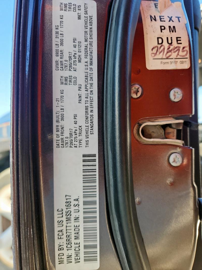 1C6RR7TT1MS516817 - 2021 RAM 1500 CLASS SLT Boz foto 13