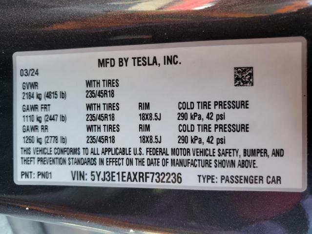 5YJ3E1EAXRF732236 - 2024 TESLA MODEL 3 فحمي صورة 12