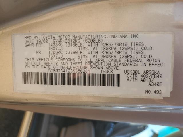 5TBRT34123S356284 - 2003 TOYOTA TUNDRA ACCESS CAB SR5 GOLD photo 12